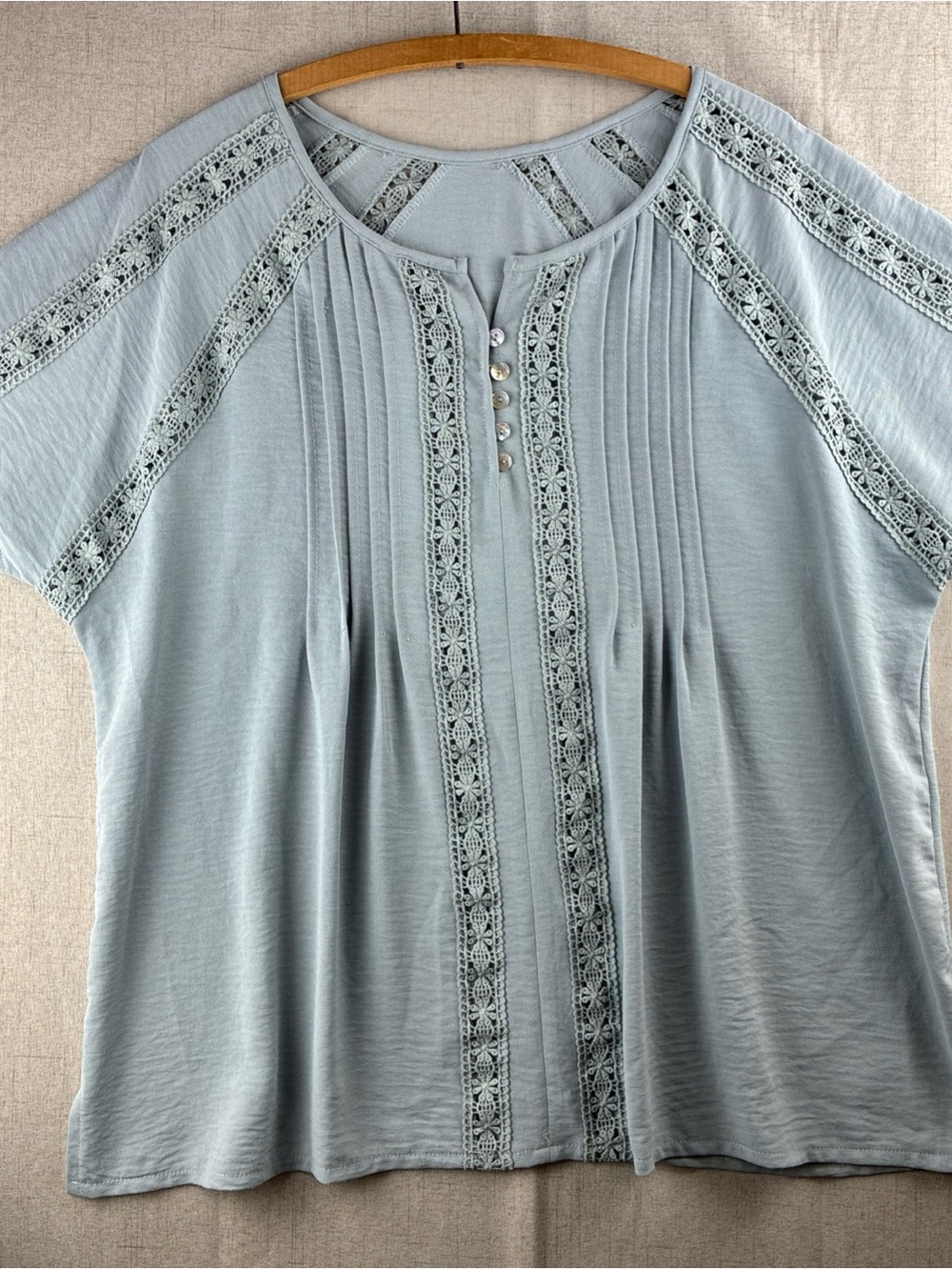 Womens Embroidered Floral Dusty Blue Gray Light Peasant Shirt Boho Cottagecore L